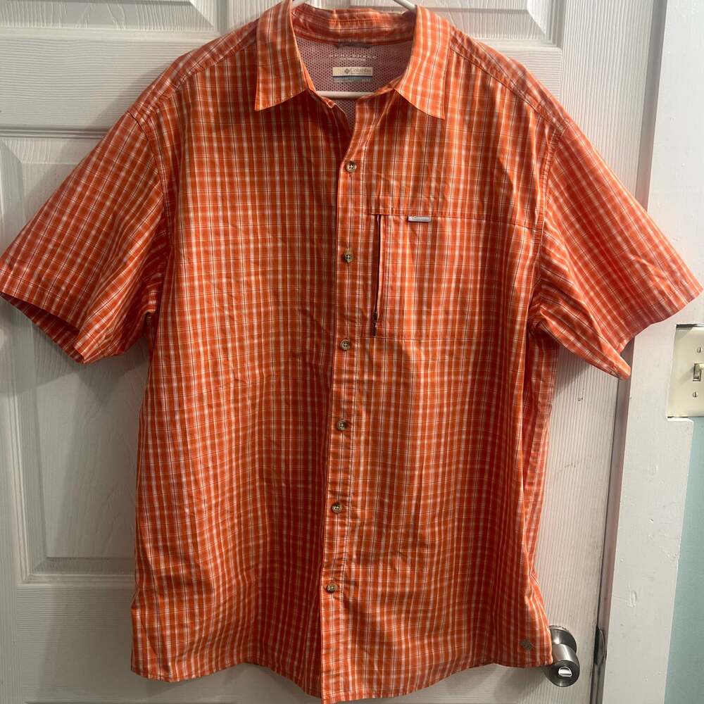 Columbia Mens Orange Plaid Omni-Shade Short Sleeve Button Up Shirt